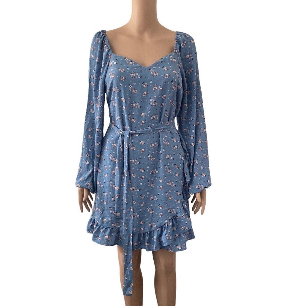 Ever After Dress Womens Large Blue White Floral Mini Ruffle New